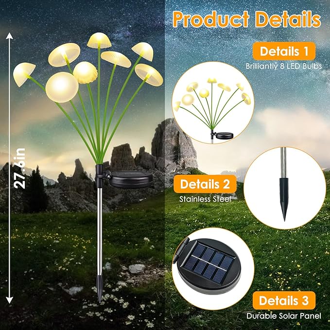 KAQ Solar Garden Lights Outdoor 6PK 48LED, Mushroom Solar Lights Outdoor, IP65 Waterproof Firefly Light Outside Decor for Patio Pathway, Sway by Wind for Pathway Garden Decorations, Warm White