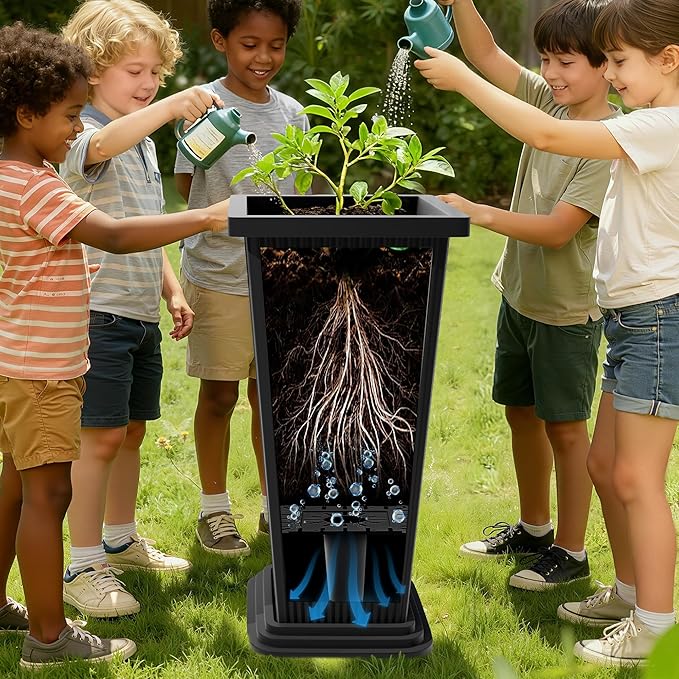 24" Set of 2 Tall Black Planters for Outdoor Plants, Large Flower Pots Planters with Drainage Holes & Tray, Modern Indoor Tapered Planter for Front Porch