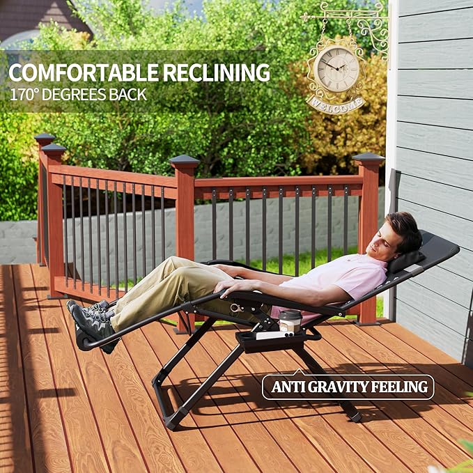 UDPATIO Oversized Zero Gravity Chair Set of 2, 29In XL Patio Reclining Chair with Cushion, Outdoor Folding Recliner with Pillows|Cup Holder|Foot Rest|Padded Headrest, Brown Grey, Support 500LB