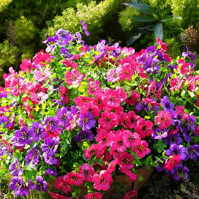 Artificial Flowers for Outdoor, UV Resistant Fake Silk Flowers, Realistic Faux Plants for Outside Indoor Porch Patio Window Box Planter Home Decor (20, Purple Rosy)