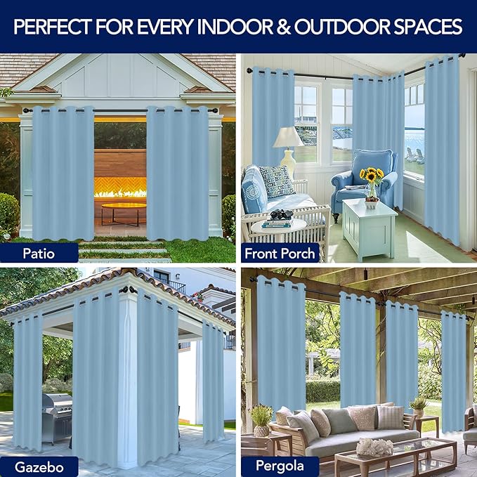 PureFit Outdoor Curtains for Patio Waterproof Weatherproof, UV Resistant Outside Curtains for Gazebo, Front Porch, Pergola, Sun Blocking Privacy Curtain, 52W x 108L inch, 1 Panel, Sky Blue