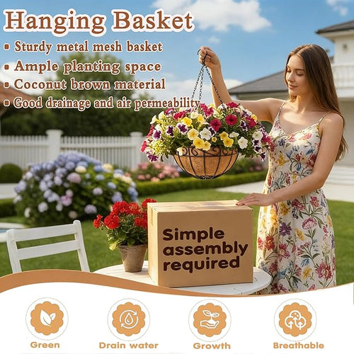 12 inch Metal Hanging Baskets For Plants Outdoor 4 Pack Round Metal Wire Hanging Basket Planter with Coco Fiber Liners Chain Round Wire Plant Holder for Garden, Patio, Deck, Porch Plants Flower Potss