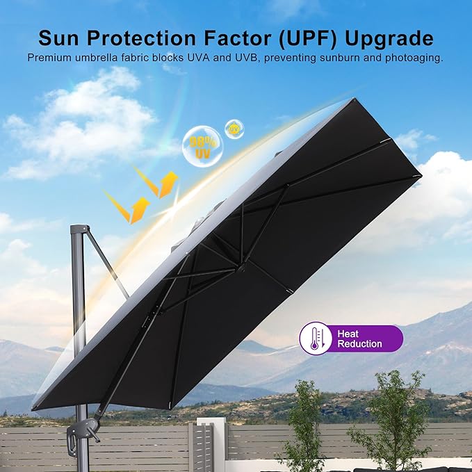PURPLE LEAF Patio Umbrella 9' X 9' Rectangle Cantilever Umbrella Large Aluminum Outdoor Umbrellas with 360-degree Rotation & UPF40+ Premium Fabric for Deck Pool Garden Yard, Graphite Grey