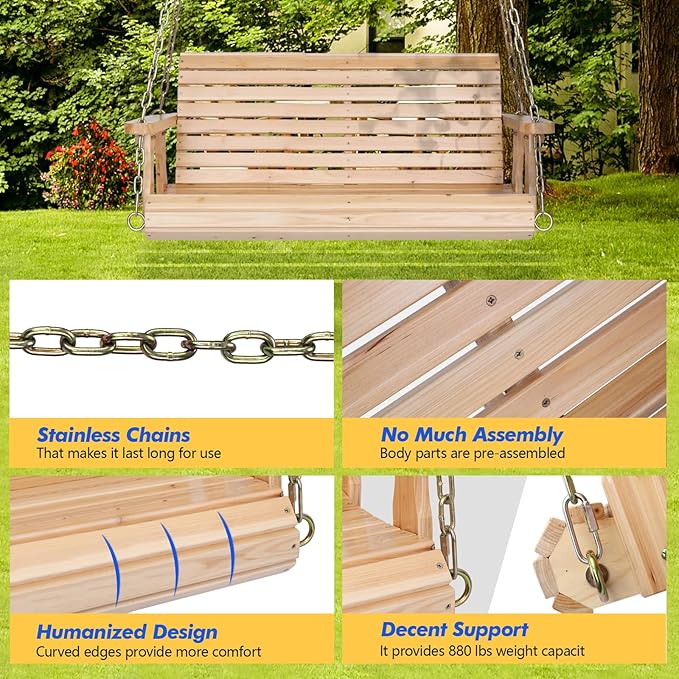 VINGLI Upgraded Patio Wooden Porch Swing for Courtyard & Garden, Heavy Duty 880 LBS Swing Chair Bench with Hanging Chains for Outdoors (Natural, 4 FT)