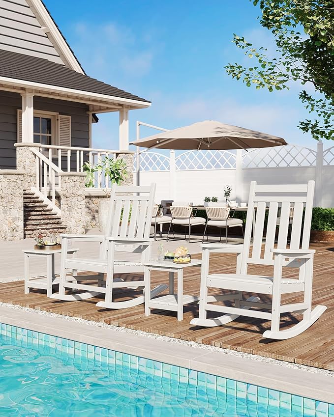 GarveeLife Poly Lumber Rocking Chair Outdoor Set of 2 - HDPE High Back Porch Rocker Chairs for Adults - All Weather Resistant Furniture for Patio - White
