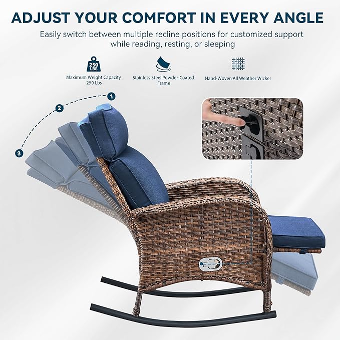3 Pieces Zero Gravity Wicker Patio Rocking Recliner Chairs Set of 2 - Wicker Outdoor Lounge Chair with Side Table, Adjustable Backrest & Footrest, High Back Outdoor Recliner Chair for Pool Deck Blue