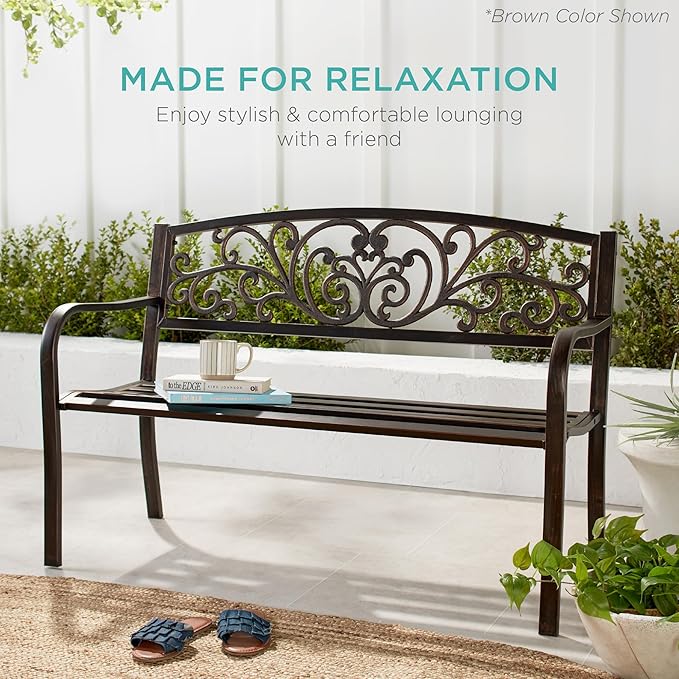 Best Choice Products Outdoor Bench Steel Garden Patio Porch Furniture for Lawn, Park, Deck w/Floral Design Backrest, Slatted Seat - Lavender