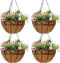 4 Pack 12 Inch Hanging Baskets for Plants Outdoor Metal Hanging Planter Hanging Flower Baskets with Coco Fiber Liners Chain Round Wire Plant Holder Flower Pots(Plaid)