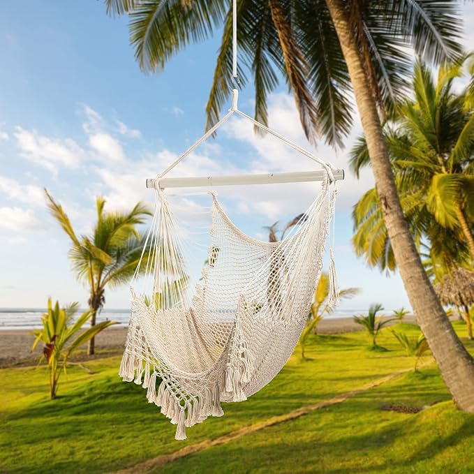 Hammock Chair，Max 330lbs, Large Hanging Chair, Soft Cotton Rope Swing Chair with High Load-Bearing Metal Rod,Indoor Outdoor Garden Yard Living Room Use Beige