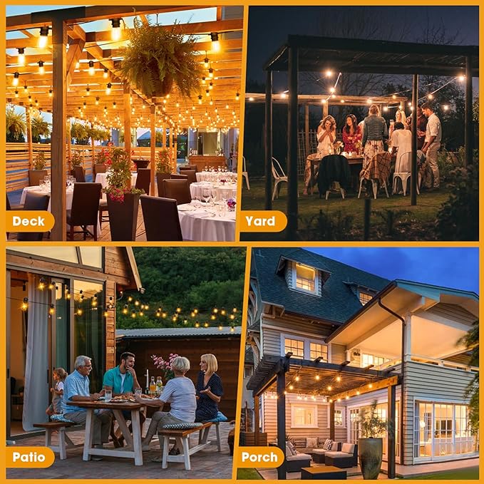 LED Outdoor String Lights 25FT with 9 Shatterproof S14 Bulbs, Waterproof for Porch, Deck, Garden, Balcony, Dimmable 2700K