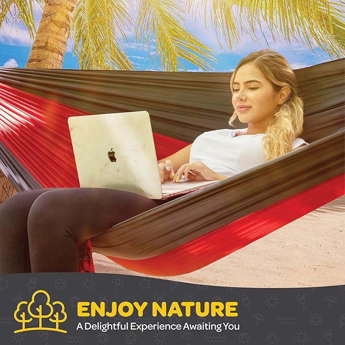 Durable Hammock 400 lb Capacity, Nylon Camping Hammock Chair - Double or Single Sizes w/Tree Straps and Attached Carry Bag - for Travel/Backpacking/Beach/Backyard (Medium, Light Grey & Sky Blue)