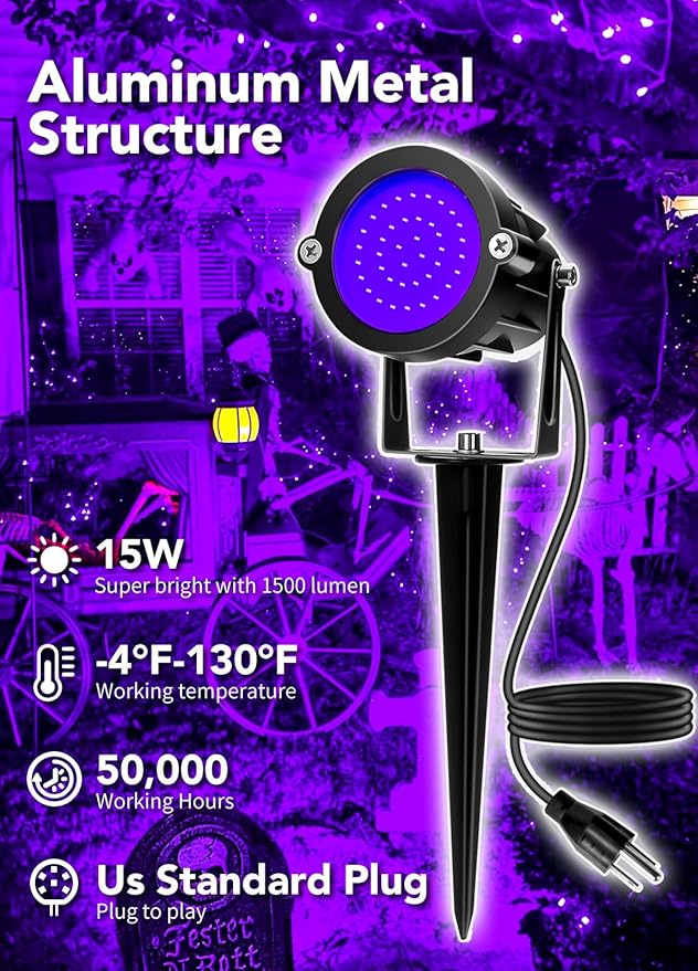 Elenora Halloween Spotlights Outdoor, 15W LED Black Light/Blacklight for Glow Party Body Paint Fluorescent Poster, 110V Plug-in Spot Light IP65 Waterproof Landscape Lighting for Yard Garden, 1 Pack