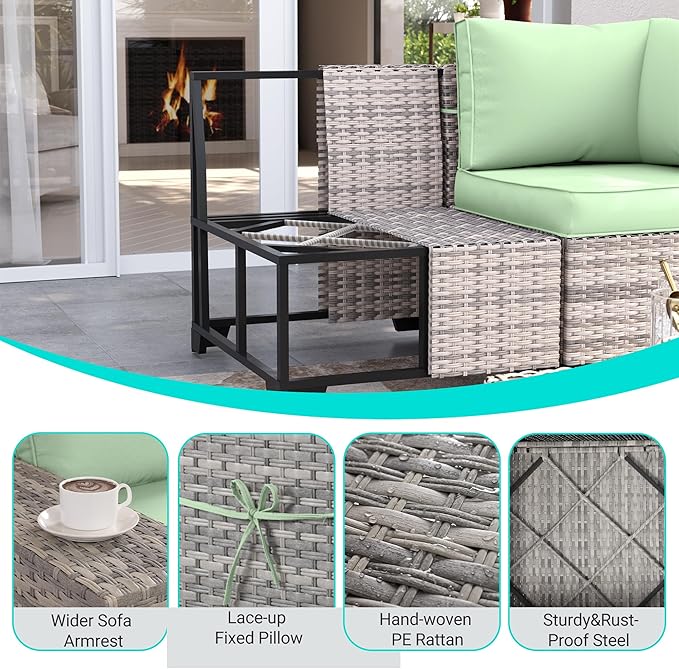 7-Piece Outdoor Patio Furniture Set with 55,000 BTU Fire Pit Table, PE Wicker Rattan Sectional Sofa Patio Conversation Set with Thickened Cushions & Coffee Table, Light Green