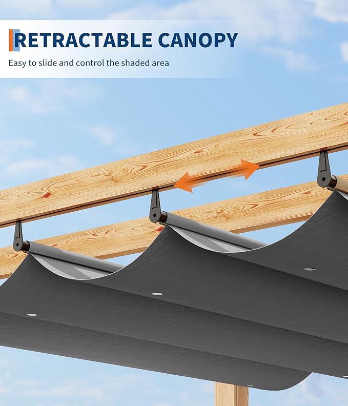 GarveeLife 10 x 10 ft Wood-Grain Aluminum Pergola Outdoor Pergola with Retractable Canopy Sun Shade Shelter for Garde Patio Backyard Deck - Gray