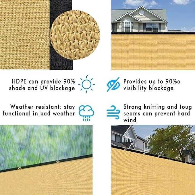 UPGRADE Privacy Fence Screen 8'x12' Sand Outdoor 90% Visibility Blockage 170 GSM Mesh Shade Cover Panels for Backyard,Balcony,Home Decoration with Zip Ties,Customized Avaliable