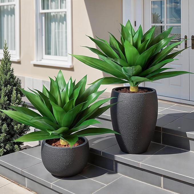 Ivydale Fake Plants 18 Inch Agave Artificial Plants Outdoor 2 PCS for Outside Decoration, Faux Greenery UV Resistant Artificial Outdoor Plants for Front Door Porch Planter Urn Patio Garden Yard(Green)