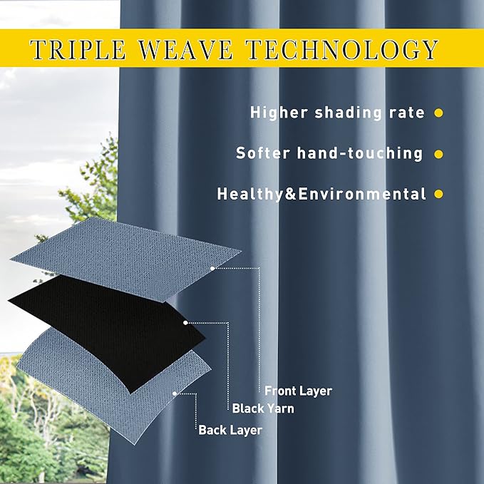 NICETOWN 2 Panels Waterproof Outdoor Curtains Fixed Grommet & Back Tab on Top & Bottom, Thermal Insulated Keep Rain & Sun Out Privacy Windproof Outdoor Draperies with Rope, W52 x L72, Stone Blue