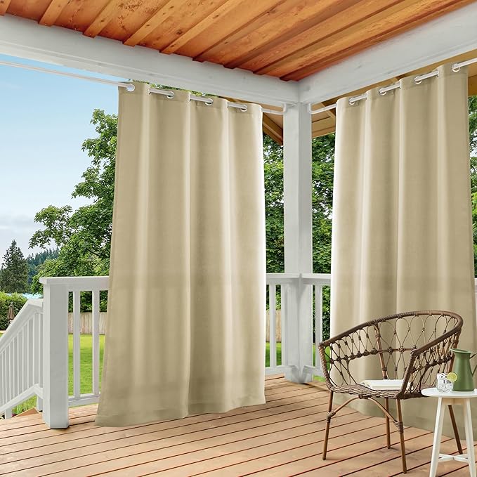 TOWN & COUNTRY BASICS Cabana Solid Heavyweight Indoor Outdoor Curtains, Light Filtering Opacity with Grommet Top, Water Repellent, 2-Pack Set, 54"x120", Natural
