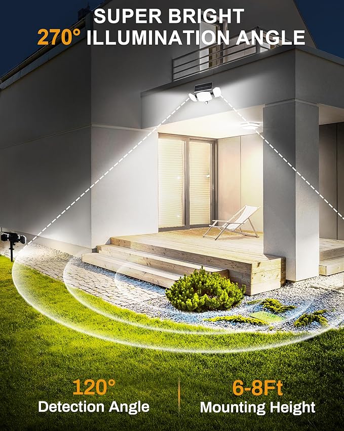 Solar Motion Lights Outdoor with Stake, 208 LED 270° Illumination Security Flood Lights for Yrad Garden Pathway, 3 Modes, IP65 Waterproof, In-Ground or Wall Mount