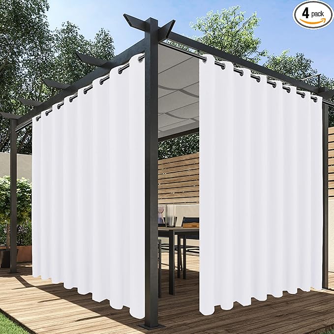 HolidayIdeas Extra Wide Outdoor Curtains for Patio Waterproof, 4 Panels - 110 x 84 Inch - Privacy & Light Filtering Curtains White Grommet Outside Curtains for Porch, Gazebo, Pergola, Backyard
