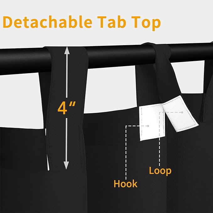 Easy-Going Outdoor Patio Curtains Detachable Tab Top Windproof Weatherproof Curtain for Cabana, Porch, Pergola and Gazebo, Tab Bottom Drape, 2 Panels, 54W x 108L inch, Black