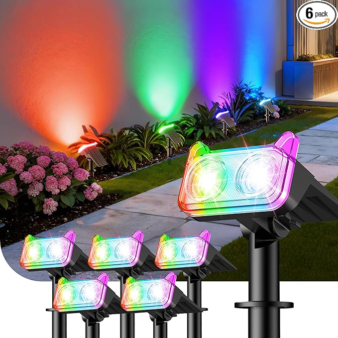 WdtPro Solar Color Changing Spot Lights, 8 Lighting Modes Solar Lights Outdoor Waterproof, Multicolor RGB Outdoor Light, 7 Colors Auto Cycling Landscape Spolights for Yard Garden Decoration, 6 Pack