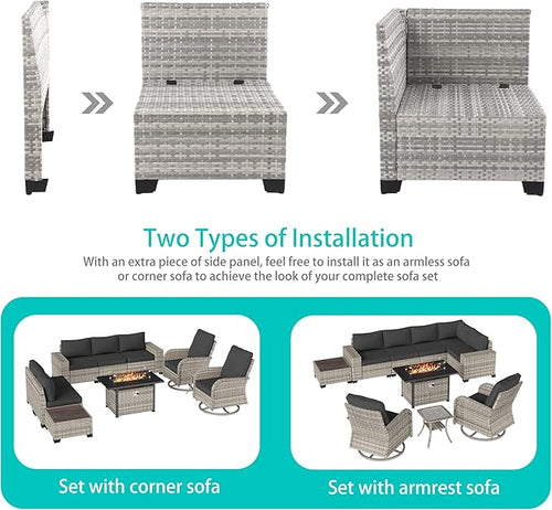 10-Piece Outdoor Patio Furniture Set with Rocking Swivel Chair, PE Wicker Rattan Sectional Sofa Patio Conversation Set with 55,000 BTU Fire Pit Table & Coffee Table, Dark Grey