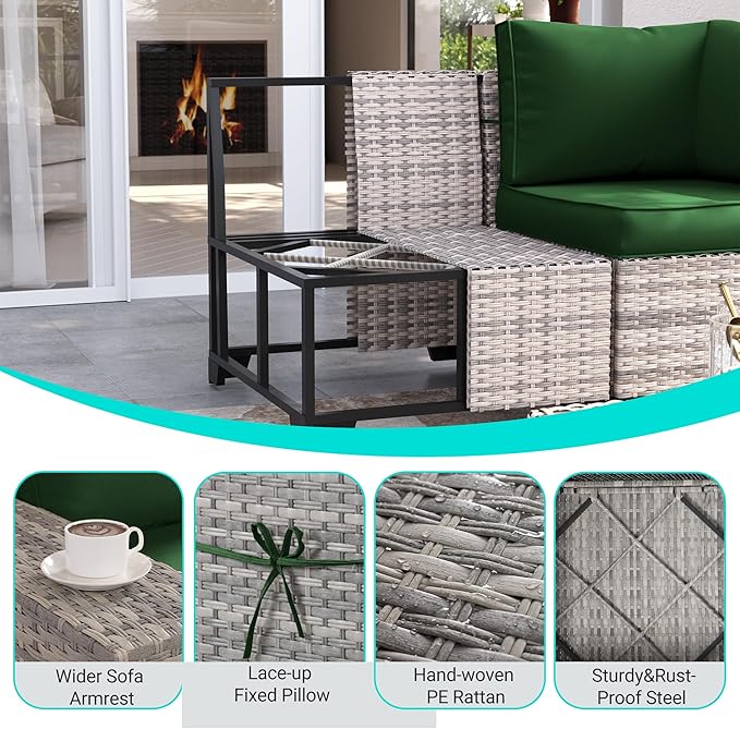 6-Piece Outdoor Patio Furniture Set Wicker Sectional Sofa Set, Patio Conversation Set with Thickened Cushions & Coffee Table for Garden, Backyard, Poolside, Green
