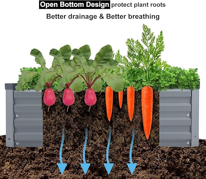 2 Pack 6x3x1FT Galvanized Raised Garden Bed Kit, Outdoor Metal Planter Box for Vegetables, Bottomless Rectangular Gardening Bed with Support Rods, Tool-Free Assembly, Gray