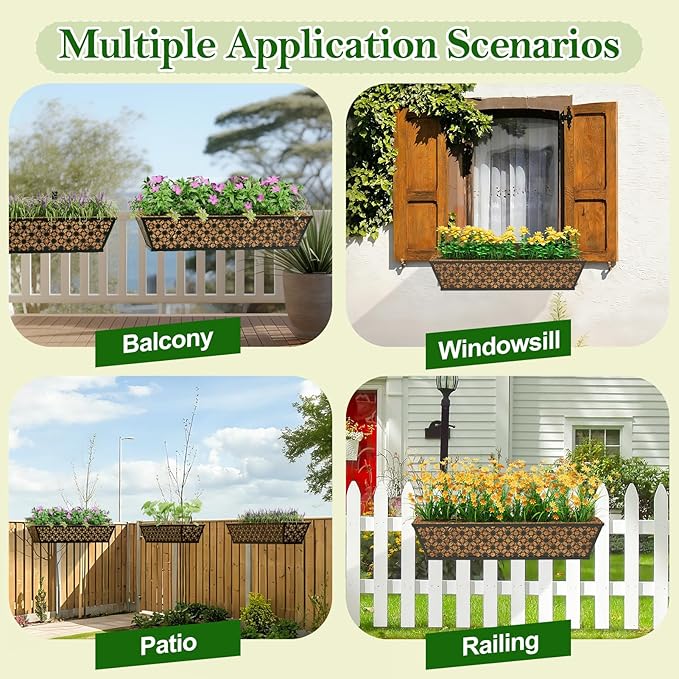 SPECILITE 30" Window Boxes Planters, Heavy Duty Metal Railing Planter Boxes, Adjustable Balcony Planters for Railing Hanging, with Coco Liner & Tool Set for Deck, Porch, and Patio Gardening (2 Pack)