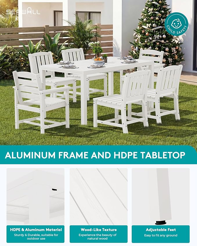 SERWALL 7-Piece Outdoor Dining Set, 60" - 83" Expandable Outdoor Dining Table and 6 HDPE Chairs, All Weather HDPE Outdoor Furniture Set for Backyard, Garden, White