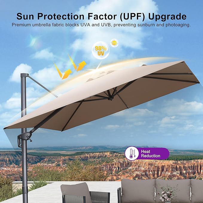 PURPLE LEAF 10 FT Outdoor Umbrella with Base Patio Cantilever Aluminum Umbrella with 3 Years Fade Resistance Recycled Fabric Offset Square with 360-degree Rotation for Deck Pool Garden, Sand Dune