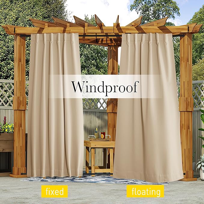NICETOWN 2 Panels Outdoor Curtains Waterproof Pocket & Back Tab on Top & Bottom, Thermal Insulated Windproof Sun Blocking Outside Privacy Drapes for Patio with Fixed Rope, W84 x L95, Biscotti Beige