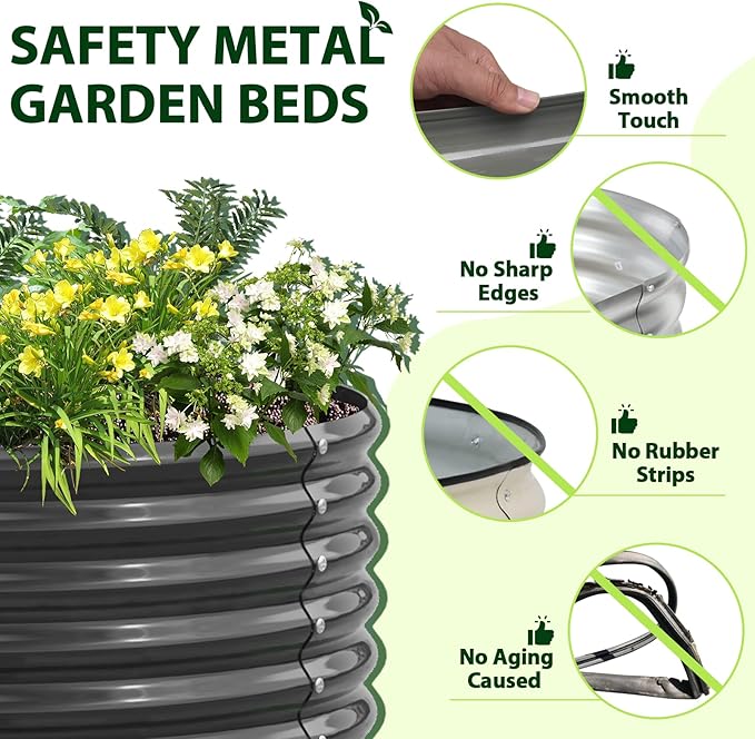 A ANLEOLIFE 8X4X1.5 ft Galvanized Raised Garden Beds Outdoor, Oval Large Metal Planter Box for Planting Vegetables Flowers Herb, Anti-Rust & Easy-Setup, Quartz Grey
