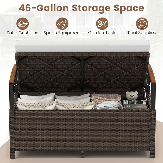 Tangkula 46 Gallon Outdoor Bench with Storage, Outdoor PE Rattan Storage Bench with Cushion, Backrest & Acacia Wood Armrests, Metal Frame, Waterproof Deck Box Seat for Porch Backyard Poolside