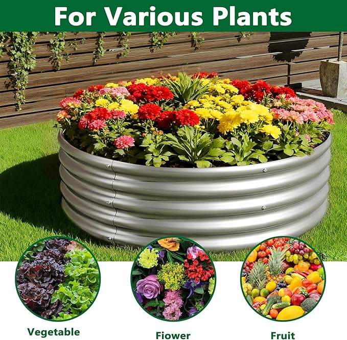 zizin 2 Pcs Round 2x2x1ft Raised Garden Bed Kit Metal Planter Box for Planting Vegetables, Silver