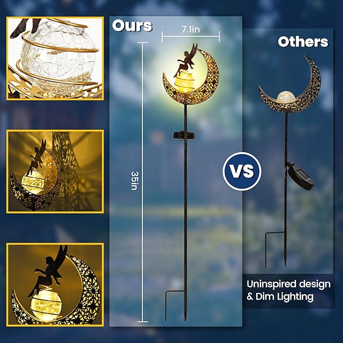 Fairy Garden Solar Lights Outdoor Moon Stakes, Waterproof Outdoor Metal Decor Gifts for Women Mom, Art Moon Sculpture for Yard, Patio, Garden, Porch, 1 Pack