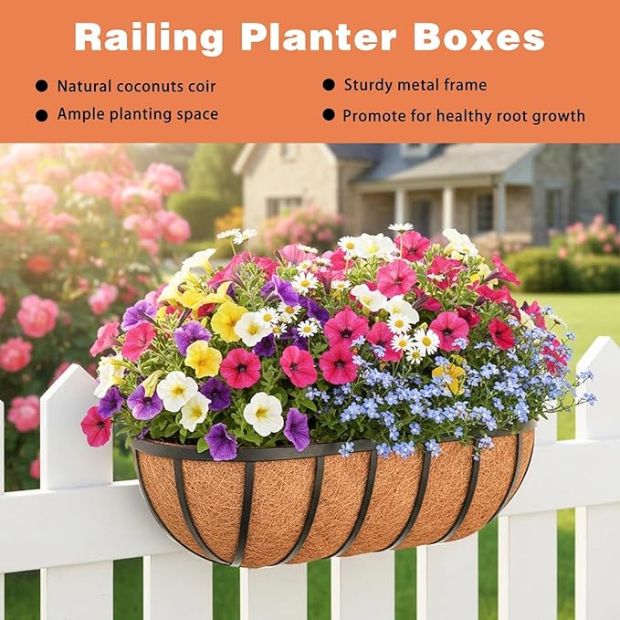 4 Pack 24" Railing Planter Window Box with Coco Fiber Liner Horse Trough Planter The Railing Planter Boxes for Deck Porch Fence Outdoor