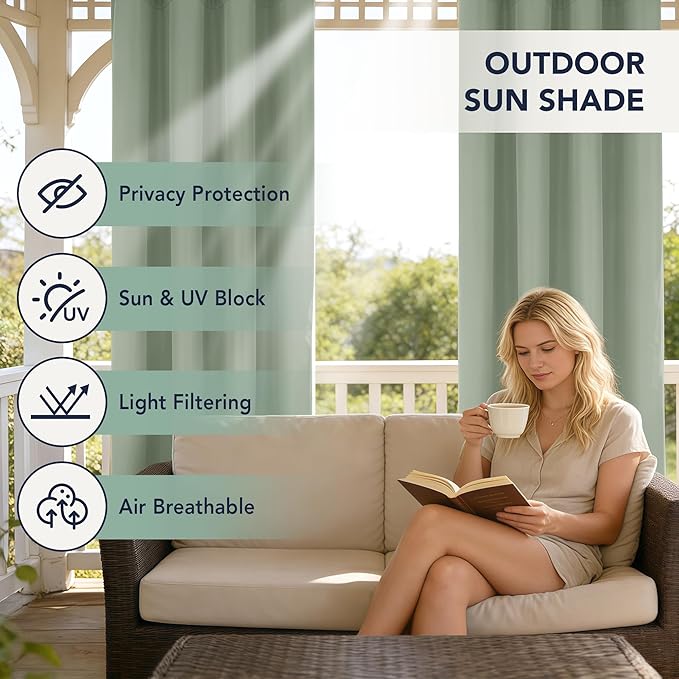 Outdoor Curtains for Patio Waterproof - 6 Panels Privacy Weatherproof Outside Curtains with Grommets for Pergola, Gazebo, Porch, Cabana, Balcony, 54 x 108 Inch, Sage Green