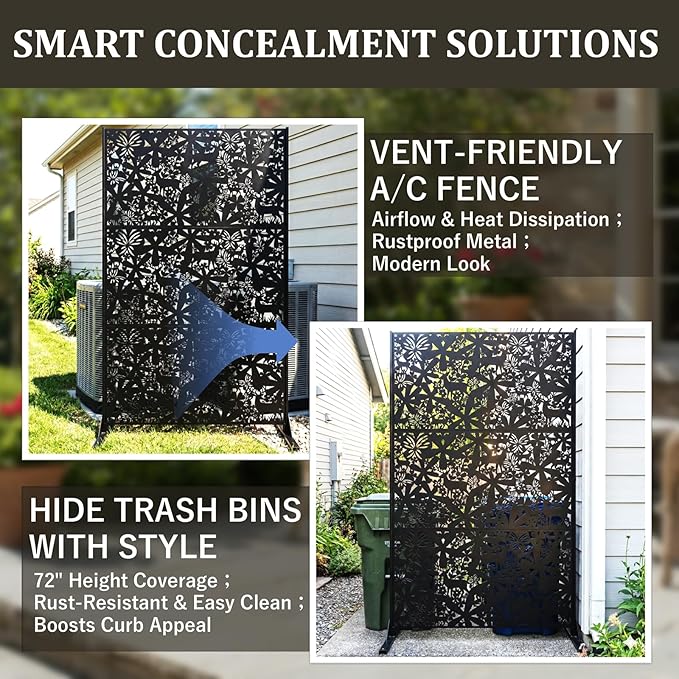 Metal Privacy Screen Outdoor 6FT – Freestanding Laser Cut Steel Garden Divider Panel with Stand, Decorative Modern Privacy Screen for Patio, Deck, Backyard & Balcony, Rustproof & Weather-Resistant