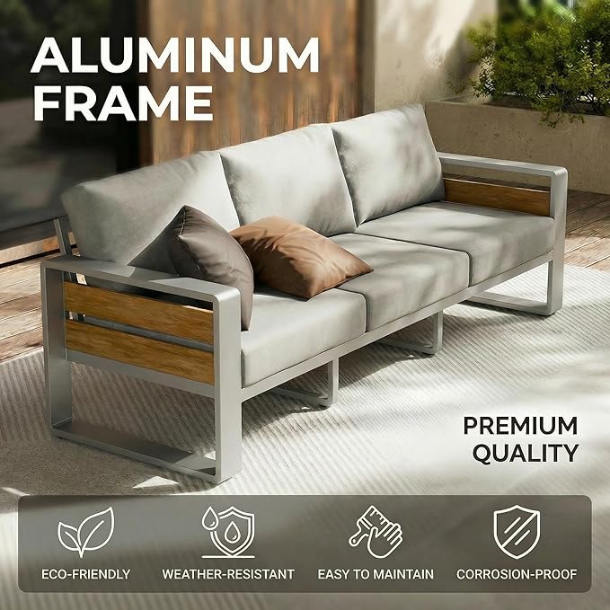 ZANDOR Aluminum Outdoor Patio Conversation Furniture Set, 4 PCS Metal Modern Outside Sectional Lawn Furniture with Coffee Table & Washable Thick Cushions,Seating Sofa for Garden/Backyard/Porch Silver