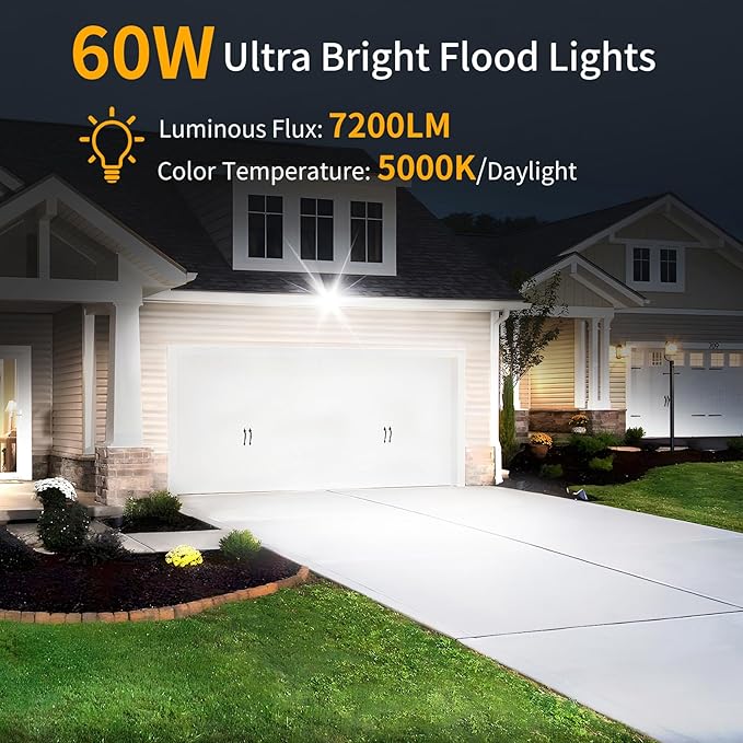 60W LED Flood Light Outdoor with 6ft Plug, 7200LM Brighter Exterior Security Lights, 5000K Daylight Floodlights, IP66 Waterproof for Yard, Garage, Workshop, Lawn, 2 Pack