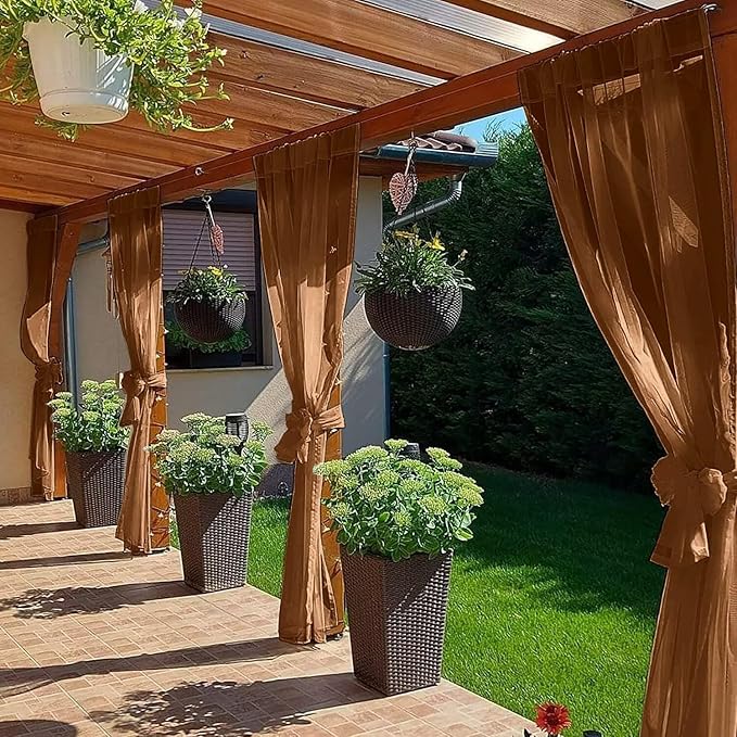 SpaceDresser Waterproof Outdoor Sheer Curtains for Patio - 4 Panels Rod Pocket Indoor Voile Sheer Curtain for Living Room,52W x 96L inch, Brown