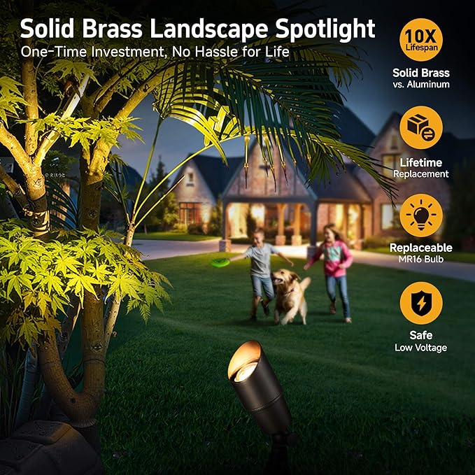 Gardenreet LED Spot Light Outdoor - Die-Cast Brass 12V Uplighting Waterproof, Low Voltage Landscape Lights Metal, Bronze for Fence Fountain with Warm White MR16 Replaceable Bulbs (12 Pack)