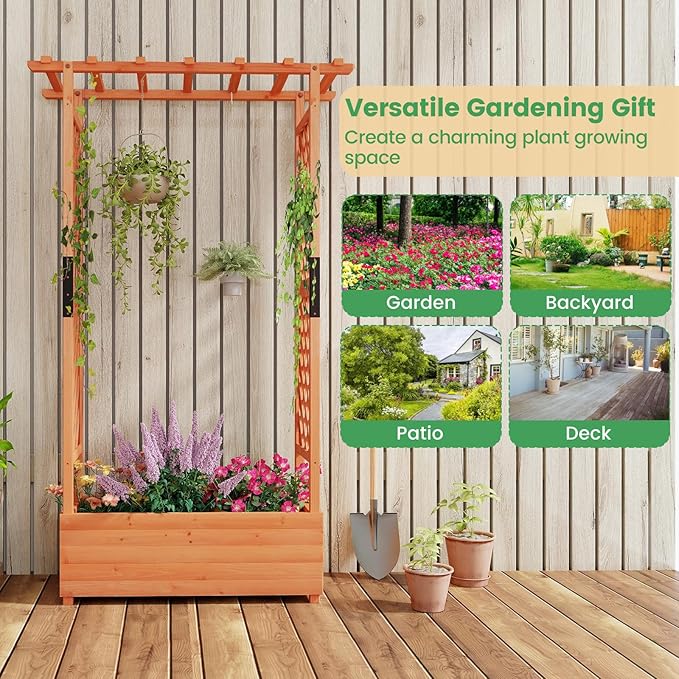 Giantex 2 Pcs Raised Garden Bed with Trellis & Hanging Roof, Wood Planter Box with Bottom & Drainage Holes, Freestanding Garden Planter for Flower Vegetable Fruit Herb Climbing Vines, 43.5"x17.5"x72"