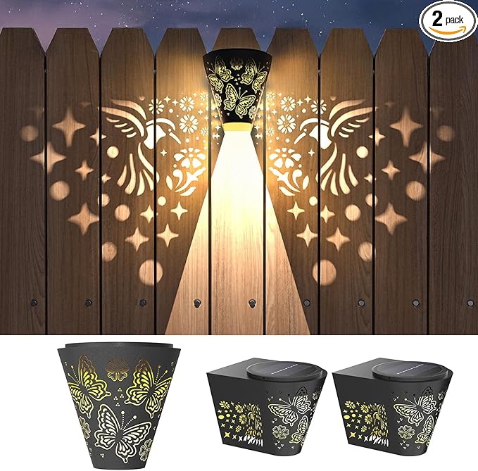 2 Pack Solar Fence Lights Outdoor Wall lihgts Decorations Metal Solar Deck Lights Waterproof LED Solar Powered Step Light Warm White Decorative Lighting for Garden, Front Door (Hummingbird)