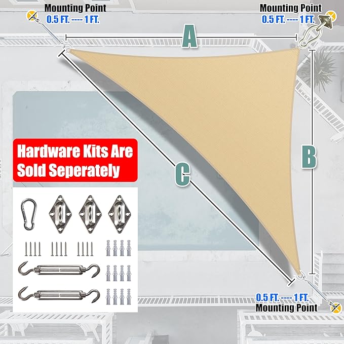 Amgo Custom Size 11' x 18' x 21.1' Beige Right Triangle Sun Shade Sail UPF50+ AGTAPRT12, Order to Make Canopy Awning, 95% UV Blockage, Water & Air Permeable, Commercial Standard (We Customize)