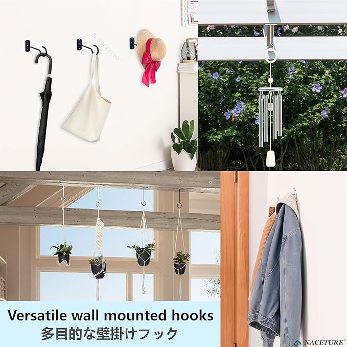 NACETURE Ceiling Hooks Heavy Duty 2 Pack - Plant Hooks for Ceiling Hanging Hook for Hanging Basket Hook, Light, Bird Feeders, Wind Chimes Décor Indoor & Outdoor (Black, 5 Inch 2 Pack)