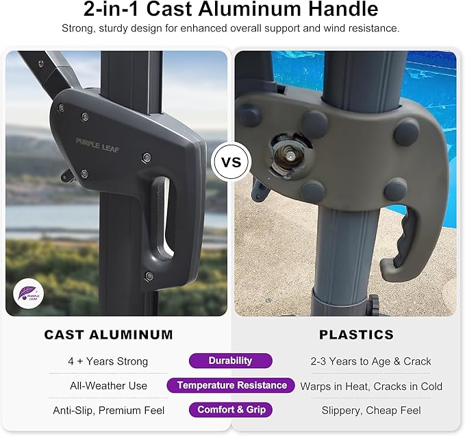 PURPLE LEAF Patio Umbrella 9' X 9' Rectangle Cantilever Umbrella Large Aluminum Outdoor Umbrellas with 360-degree Rotation & UPF40+ Premium Fabric for Deck Pool Garden Yard, Ocean Slate
