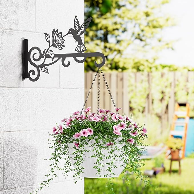 2-Pack Aesthetic Plant Hangers Outdoor – 10 Inch Metal Hanging Plant Bracket with Beautiful Hummingbird Pattern – Anti Rust Plant Hooks for Hanging Plants, Bird Feeder, Windchime, Lantern